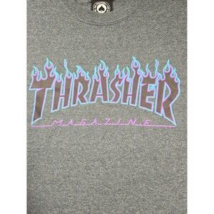 Thrasher Magazine FLAMES LOGO Skateboard T Shirt Dark Gray Size Medium